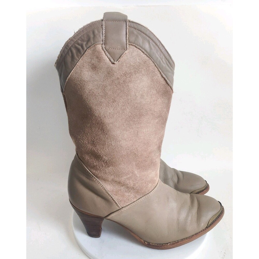 Vintage Neutral Suede Leather Pull On Boho Ankle Boots Size 6.5 Western Mid-Calf